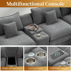 145" U Shaped Cloud Couch Sectional for Living Room, Oversized Modern Modular Sofa with Movable Ottoman, Comfy Fluffy Chenille