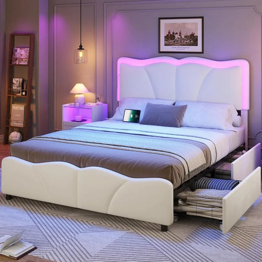 MSmask Queen Bed Frame with 4 Storage Drawers and LED Lights, Velvet Upholstered Platform Bed Frame with Height Adjustable Headb