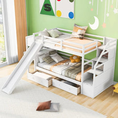 Wood Twin Over Twin Bunk Bed with Desk and Slide,Drawers Bookcase and Storage Staircase for Kids, White