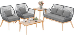 Outdoor Patio Furniture Set,5 Pieces Indoor Rope Woven Sectional Sofa Set Modern Oak Patio Conversation Sets with Wooden T