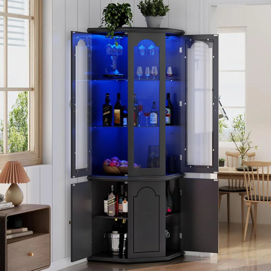 Corner Bar Cabinet w/LED Lights, Tall Modern Wine Cabinet with Tempered Glass Door & Adjustable Shelves, Home Bar Liquor Storage
