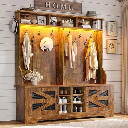 Hall Tree with Bench and Shoe Storage, 5-in-1 Entryway Bench with Coat Rack, 16 Shoe Cubbies & 12 Coat Hooks, Barn Door & Adjus