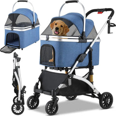 Dog Buggy 2 in 1 Stroller Dog Box Transport Foldable Cat Stroller, 360° Wear-resistant Rubber Wheels, with Storage Basket, 40kg
