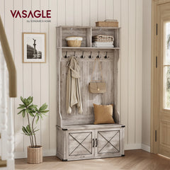 Hall Tree with Bench and Storage Cabinet, 6 Tri-Hooks, Adjustable Shelves