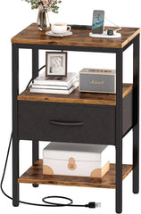 Nightstand Set of 2, Bed Side Tables with Charging Station, Adjustable Fabric Drawer, Night Stand for Bedroom