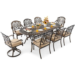 9 Piece Outdoor Dining Set, Cast Aluminum Retro for 8 Includes 86.6’’ Rectangular Table with and Umbrella Hole, Patio Dining Set