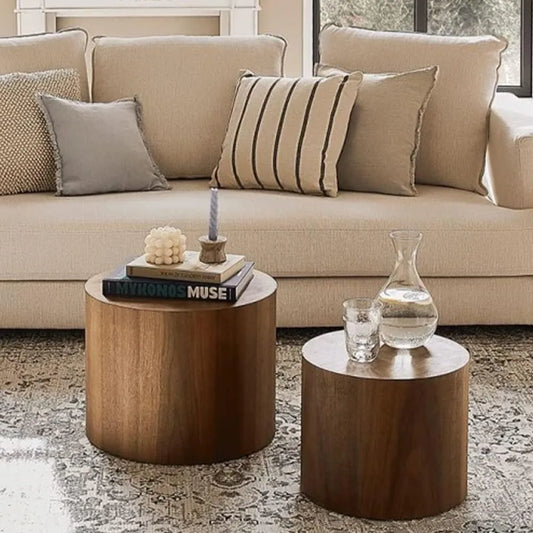 Walnut Nesting Coffee Table Set – 2-Piece Round Wooden Tables for Living Room & Small Spaces