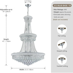 Large Crystal Chandelier Light fixtures -19-Light High Ceiling Hanging Chandeliers,3-Layers Luxury Chandeliers for High Ceilings