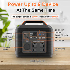 SBAOH Portable Power Station P302,300W 296Wh Backup Lithium Battery,Solar Generator for Outdoors Camping Travel Hunting Blackout