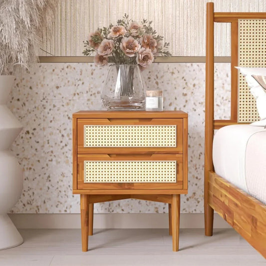 Bed Table Drawer Bedside Tables Oliver Solid Wood Rattan Nightstand/Side End Table Fully Assembled Furniture Sofa Bedroom Home