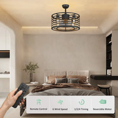 18-inch Caged Ceiling Fan with Light,Low Profile Ceiling Fan with Remote Control and Reversible Blades for Kitchen and Bedroom