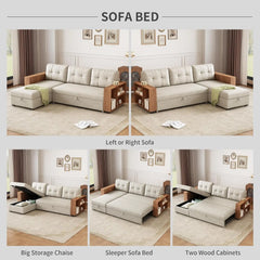 Pull-Out Couch with Storage Chaise and Armrests, Convertible Sectional Sleeper Sofa Bed with Removable Back Cushions