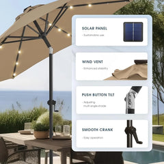 11FT Solar LED Patio Umbrella with Base Outdoor Market Umbrella Adjustable Crank Tilt System Waterproof UV Resistant 32 Lights