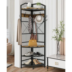 4-Tier Corner Coat Rack with Shoe Storage Entryway, Hall Tree with Bench and 6 Metal Hooks, Freestanding Clothes Rack