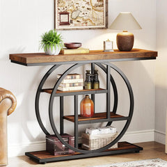 Console Table, Industrial 4-Tier Sofa Table Entryway Table with Circle Base, Narrow Wood Accent Tables with Sto