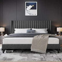 Yaheetech King Bed Frame Upholstered Platform Bed with Fabric Headboard, Wing Edge Design/Non-Slip and Noise-Free/Wooden Slats S