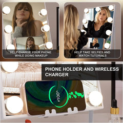 White Vanity Mirror with Lights, Wireless Charger, Bluetooth Speaker, 12 LED Bulbs Makeup Mirror