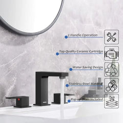 8 英寸 3 Hole Widespread Bathroom Faucet, 3 Pieces Two Handle Bathroom Sink Faucet with Pop-Up Drain and Supply Hose (Matte Bla)