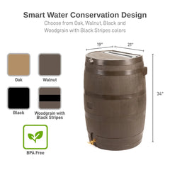50 Gallon Flat Back Rain Barrel Polyethylene Rainwater Collection System with Durable Brass Spigot UV Resistant Garden Watering