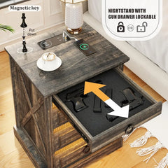 Bedside Table Set of 2 with Charging Station, LED Night Stand with Gun Drawer, Farmhouse Nightstands for Bedroom, End Table Rust