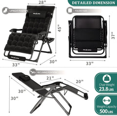 Outdoor Folding Recliner with Pillows Cup Holder Foot, Oversized Zero Gravity Chair 33In XXL Patio Reclining Chair with Cushion.