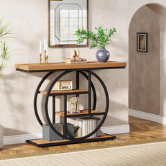 Console Table, Industrial 4-Tier Sofa Table Entryway Table with Circle Base, Narrow Wood Accent Tables with Sto