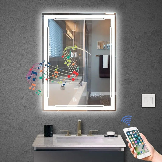 24x32 Lighted Bathroom Mirror with Bluetooth Speaker - Smart LED Vanity Makeup Wall Mounted Mirrors - 3 Lights Setting Anti-Fog