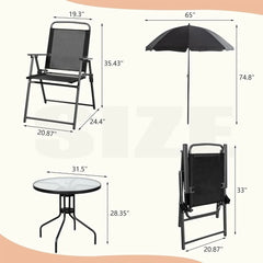 6 Piece Folding Patio Dining Set,Small Metal Outdoor Garden Patio Table and Chair Set w/Umbrella for Lawn,Deck,Backyard