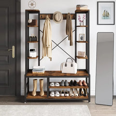 Entryway Hall Tree with Bench and Shoe Storage Shelves, 5-in-1 Coat Rack with Shoe Storage Bench, Industrial Mudroom Be