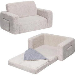 Fold Out Toddler Couch, Extra Wide Comfy 2-in-1 Cuddly Sherpa Sofa for Kids, with Removable Baby Friendly Blanket, Convertible