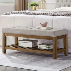 Bench, Large Rectangular Upholstered Tufted Linens Fabric Ottoman Benches, Padded Benches with Solid Wood Shelf-Linen, Bench