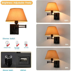 Swing Arm Wall Sconces, Plug-in Wall Lamp,Bedroom Wall Lamp ， White Fabric Shade with Dimmable Switch and USB Charging