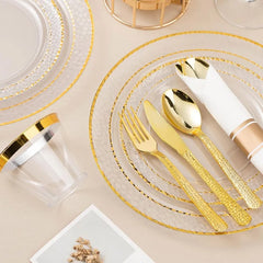 350PCS Clear Plastic Plates with Gold Trim for 50 Guests, Disposable Dinnerware Set for Party & Wedding, Includes 100 Plastic