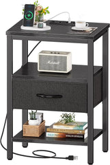 Nightstand Set of 2, Bed Side Tables with Charging Station, Adjustable Fabric Drawer, Night Stand for Bedroom