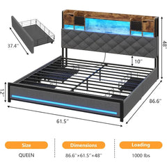 Queen Bed Frame with Headboard and 4 Under-Bed Storage Drawers, Upholstered Bed Frame Queen Size with LED Light and Charging Sta