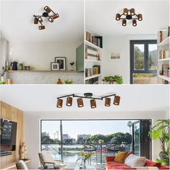 Modern 6-light track lighting, 47-inch, natural wood adjustable cap, brass accent, matte black ceiling track light