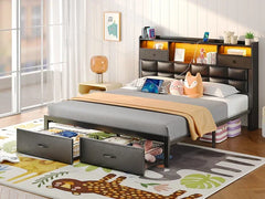 Queen Size Bed Frame with Drawers & Charging Station, Upholstered Platform Bed with LED Storage Headboard