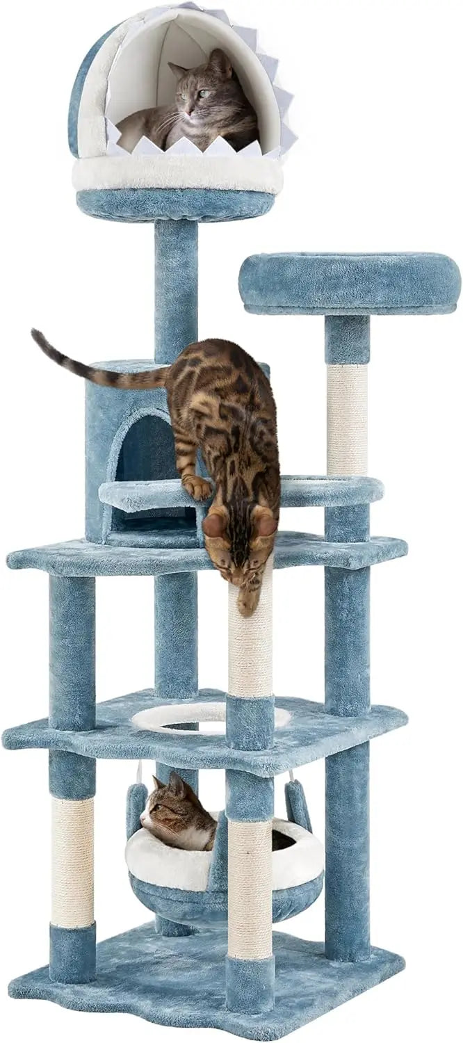 61in Tall Ocean-Themed Cat Tree, Multi-Level Cat Tower with Shark's Mouth-Shaped Nest, Fish-Shaped Platform