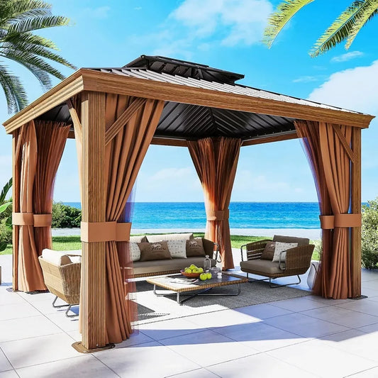 10' x 12' Gazebo, Permanent Wooden Finish Coated Aluminum Frame Canopy, Galvanized Steel Double Top, Outdoor Metal Pavilion with