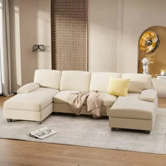 Convertible Sectional Sofa Couch, 4 Seat Sofa Set U-Shaped Modern Fabric Modular Sofa Sleeper with Double Chaise & Memory Foam