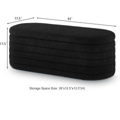 Modern Oval Storage Ottoman Bench – Upholstered Boucle Teddy Fabric with Hidden Storage, Black