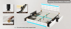 Queen Bed Frame with Drawers, LED Bed Frame with Charging Station, Pu Leather Platform Bed Frame Queen Size with Storage