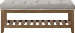 Bench, Large Rectangular Upholstered Tufted Linens Fabric Ottoman Benches, Padded Benches with Solid Wood Shelf-Linen, Bench