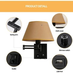 Swing Arm Wall Sconces, Plug-in Wall Lamp,Bedroom Wall Lamp ， White Fabric Shade with Dimmable Switch and USB Charging