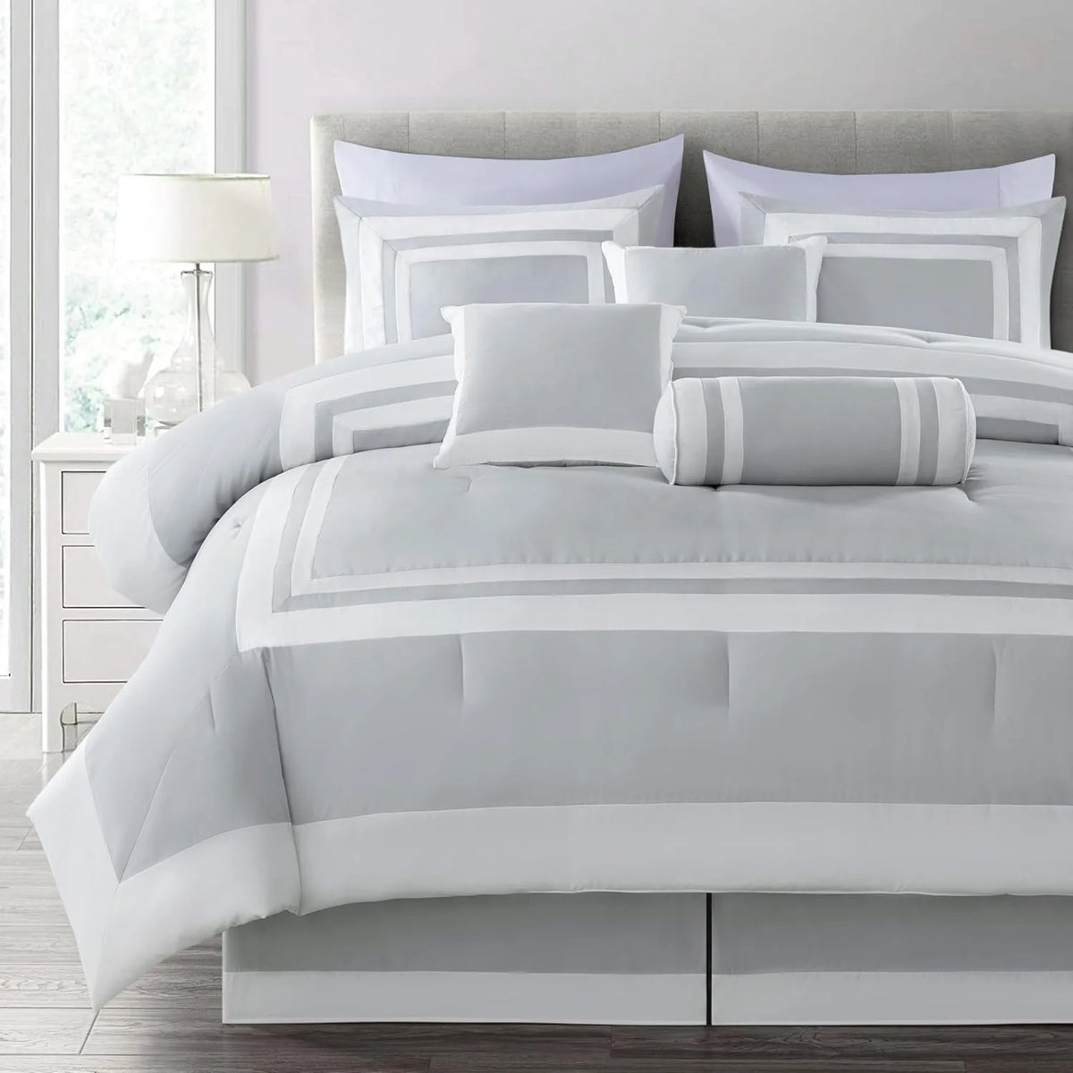 Collection Caprice Silver/White Comforter Set Full Size, 7-Piece Square Pattern Hotel Style Bedding Set for All Seasons