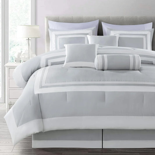Collection Caprice Silver/White Comforter Set Full Size, 7-Piece Square Pattern Hotel Style Bedding Set for All Seasons