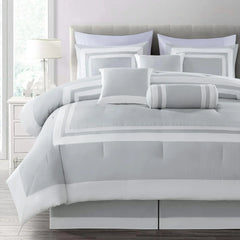 Collection Caprice Silver/White Comforter Set Full Size, 7-Piece Square Pattern Hotel Style Bedding Set for All Seasons