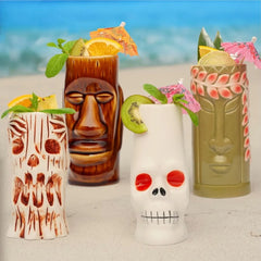 Hard-Carved and Hand-Painted Tiki Mugs Assorted Cocktail Set Party Event Mugs Drinkware, Cute Exotic Cocktail Glasses