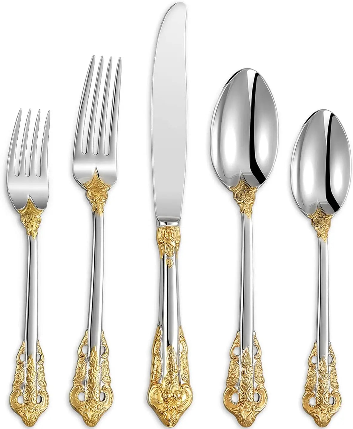 Luxury 20 piece 18/10 stainless steel cutlery set, 4-person service, silver plated with gold, exquisite silverware set