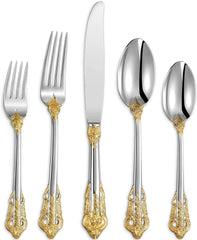 Luxury 20 piece 18/10 stainless steel cutlery set, 4-person service, silver plated with gold, exquisite silverware set